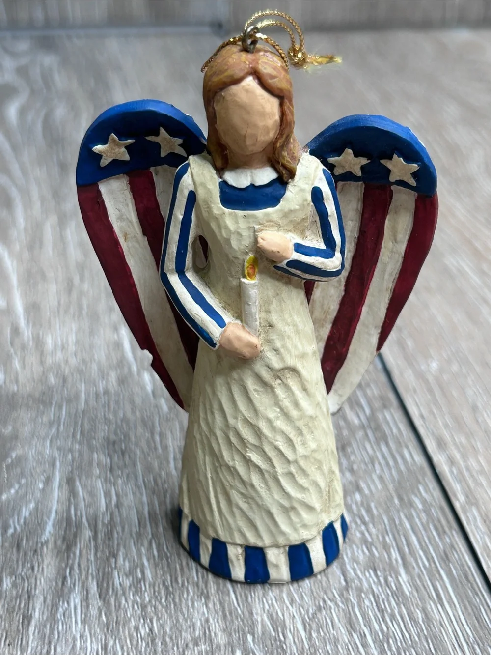 Patriotic Americana Angel Ornament American Flag Wings Faux Wood Carved 4
